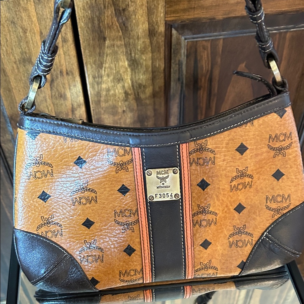 MCM Cognac and Dark Brown Logo Shoulder Bag - Picture 7 of 14